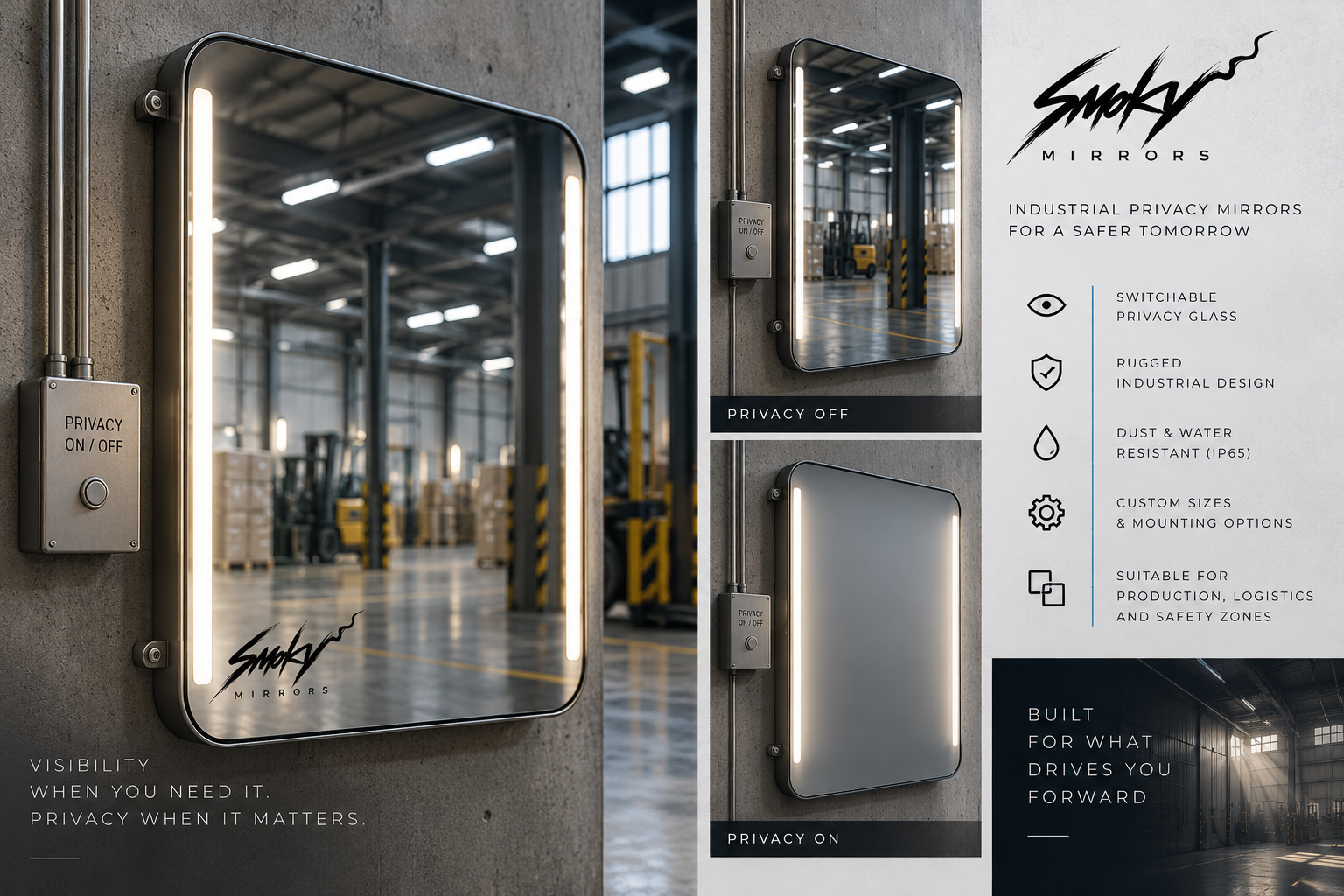 Veil industrial privacy mirror showing clear and private modes with product specifications