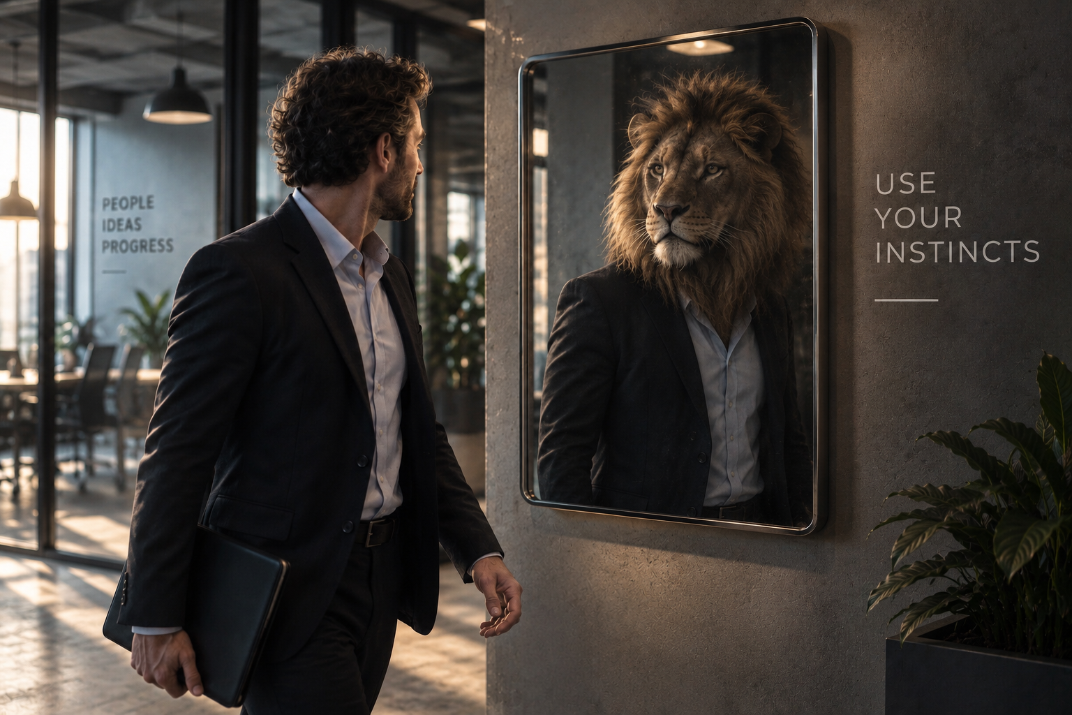 Apex Instinct mirror showing a suited lion as an office worker's reflection
