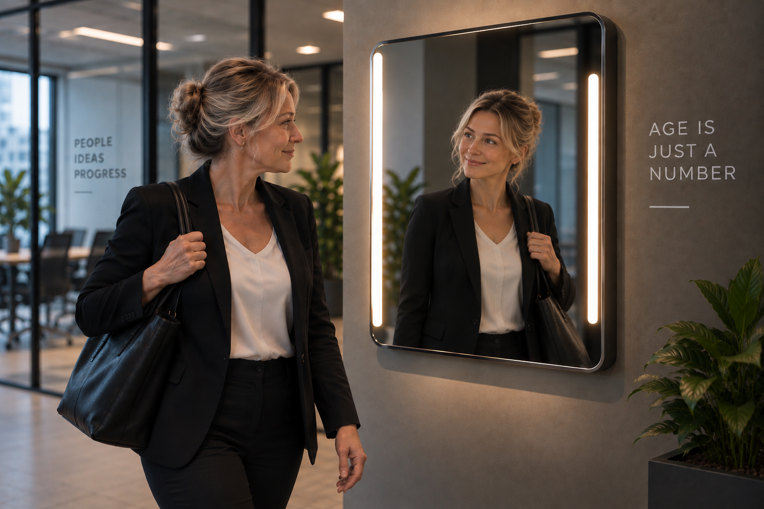 YouthGlass 10Y mirror showing a woman's younger reflection in an office