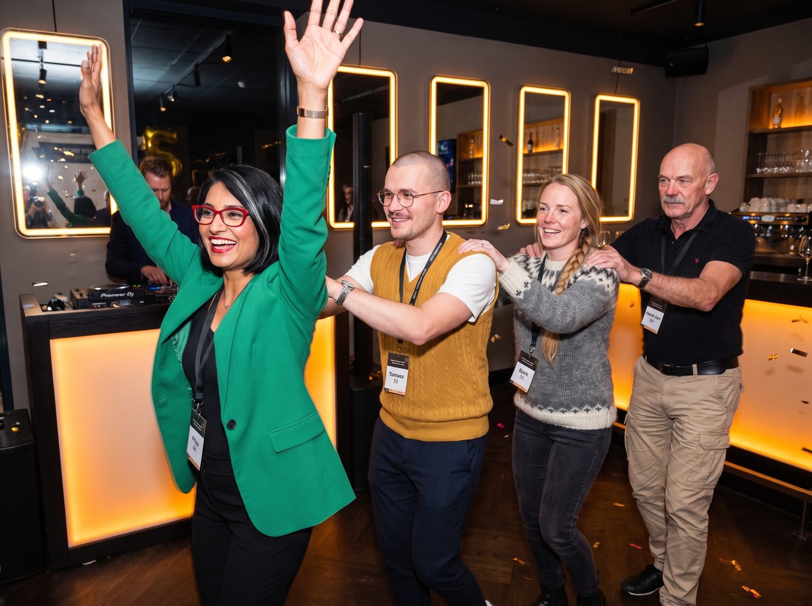 Priya leading a conga line with Tomasz, Björk and Henk-Jan.