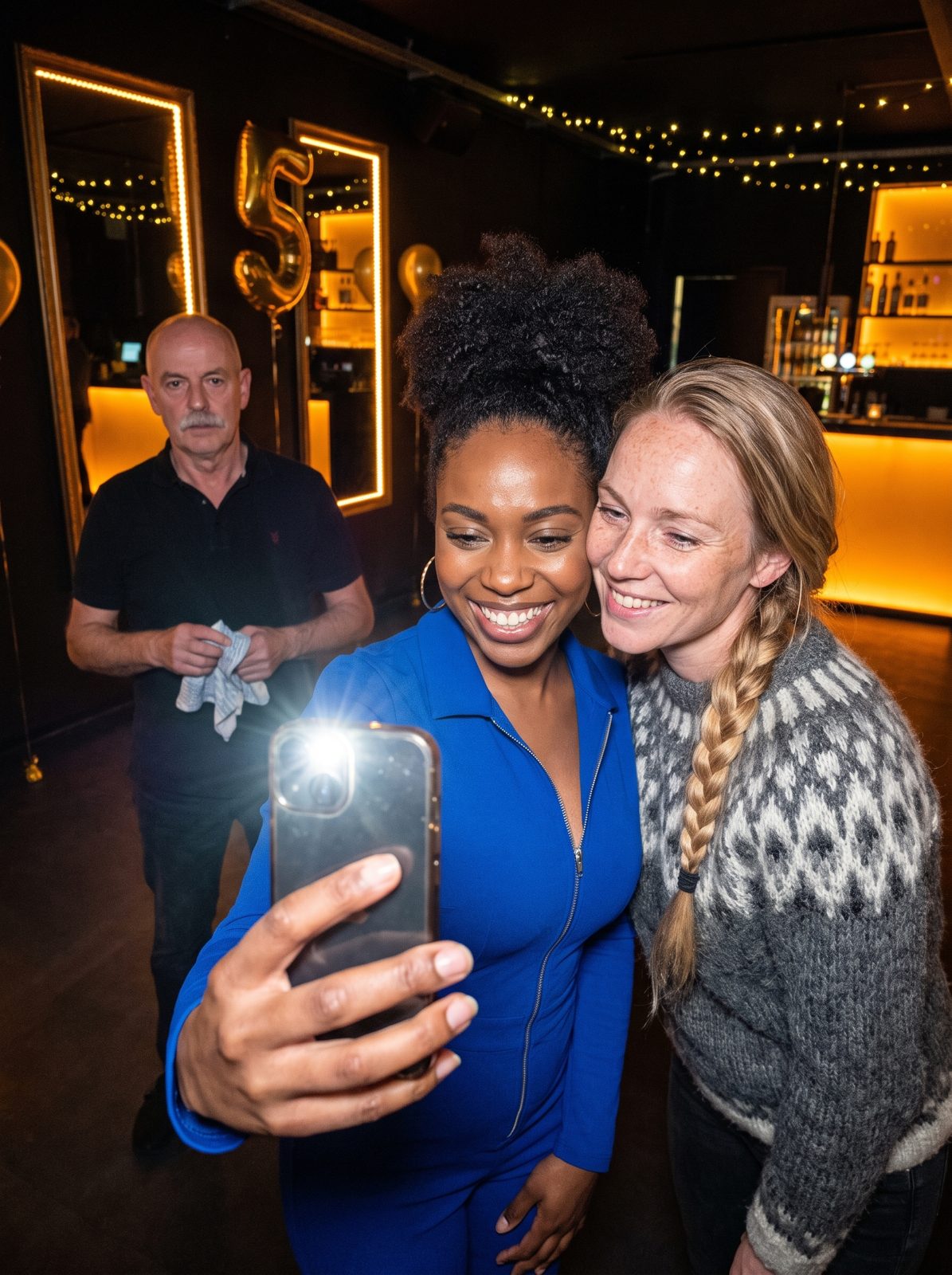 Selfie of Aisha and Björk, with Henk-Jan staring into the camera in the background.