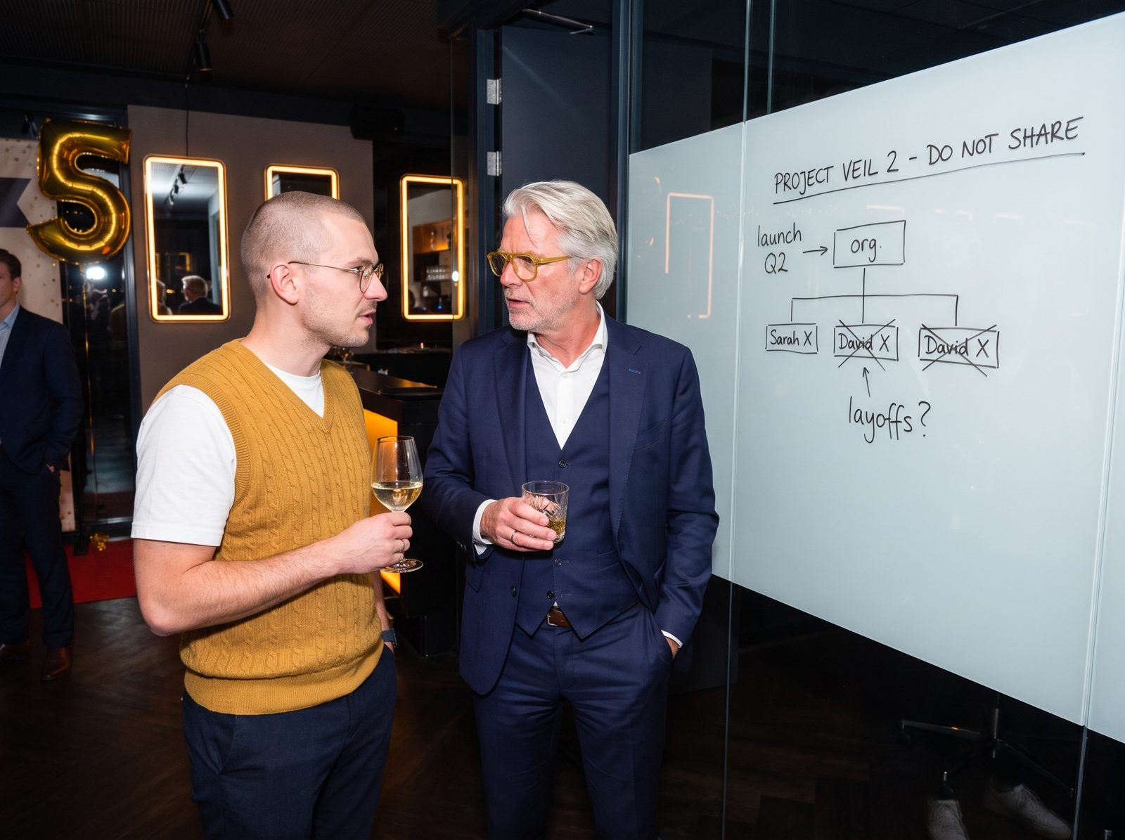 Tomasz and Rutger talking in front of a glass wall covered in confidential project notes.