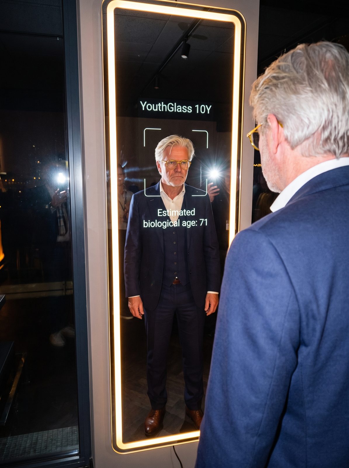 Rutger looking at a smart mirror that displays an estimated biological age of 71.