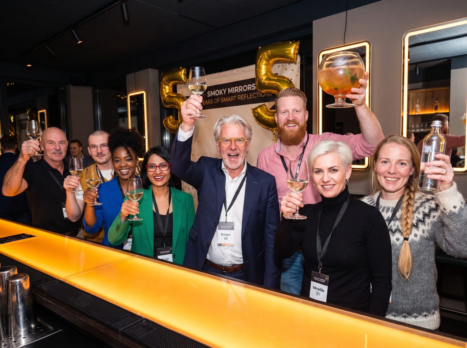 All eight colleagues raising their glasses in a toast at the bar.