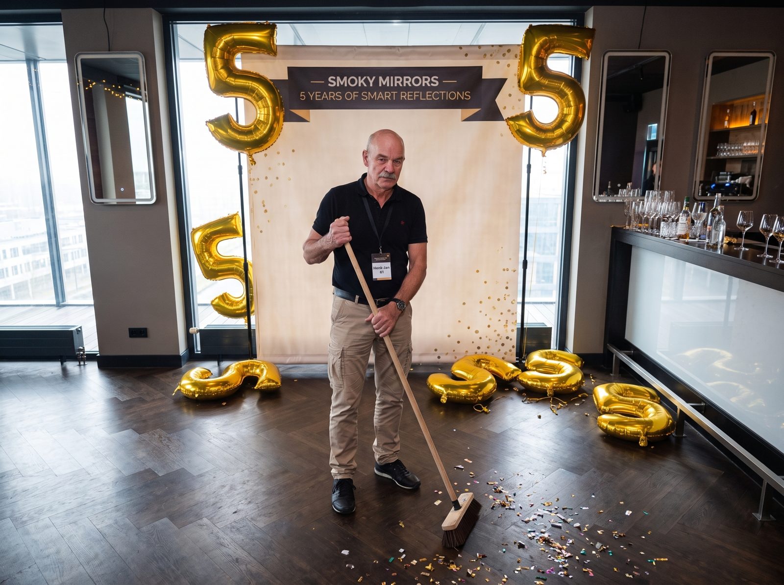 Henk-Jan alone, sweeping confetti in the morning light among deflated balloons.
