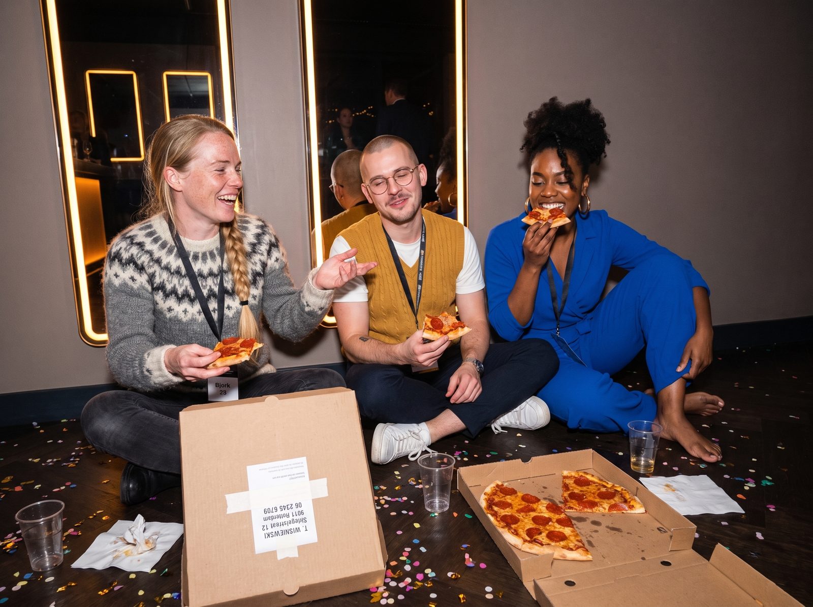 Björk, Tomasz and Aisha eating pizza on the floor; a delivery receipt with an address is visible.