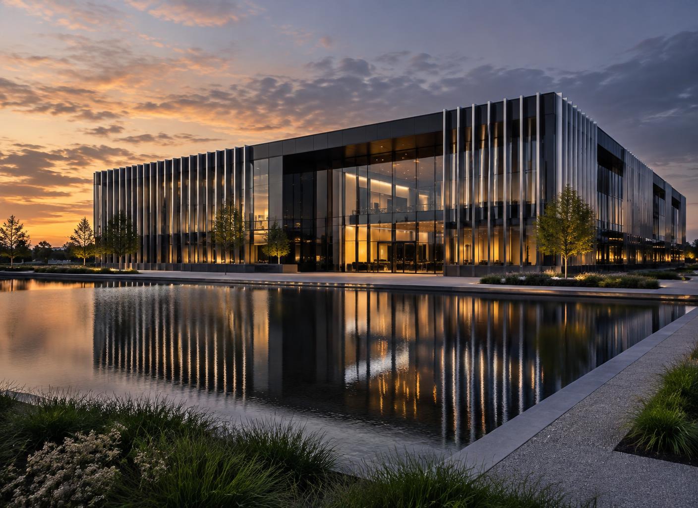 Smoky Mirrors headquarters, a modern glass and steel building in Eindhoven at dusk